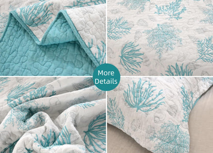 SUCSES 100% Cotton Coastal Quilts 3 Pieces Queen Lightweight Comfortable Quilt Turquoise Ocean Coral Bedspread Coverlet with 2 Shams for Beach Themed Dedroom All Season