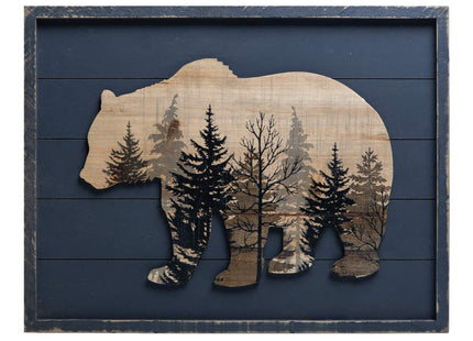 NIKKY HOME Cute Bear in The Forest Decorative Wood Framed Wall Art Prints Cabin Decor, 21" x 16", Gray