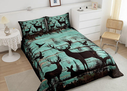 Deer Hunting Comforter Set Full Size,Elk Anlter Hunter Quilt for Men Boys Adults,Farmhouse Camping Home Bedroom Decor Wooden Pine Trees Duvet Insert Woodland Wildlife Silhouette Bedding Set,3Pcs