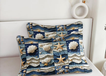 QOOMO Coastal Quilt Set Full Queen Size, 3 Pieces Summer Seashell Starfish Printed Bedspreads Coverlet Set, Soft Microfiber Lightweight Beach Nautical Bedding Set with 2 Pillowcases for All Season