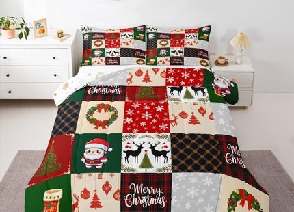 Homewish Merry Christmas Comforter Set Twin Size,Xmas Deer Santa Claus Pine Tree Bedding Set for Kids Girls Boys Red Green Grid Patchwork Plaid Quilt Set Winter Snowflake Duvet Insert,1 Pillowcase