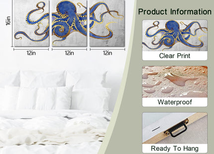 Carestar 3 Piece Octopus Wall Art Painting Navy Blue Marine Animal Picture Print On Canvas Ocean Life Poster for Bathroom Bedroom Home Decor Decoration Gift Easy To Hang 12"x16"x3PCS