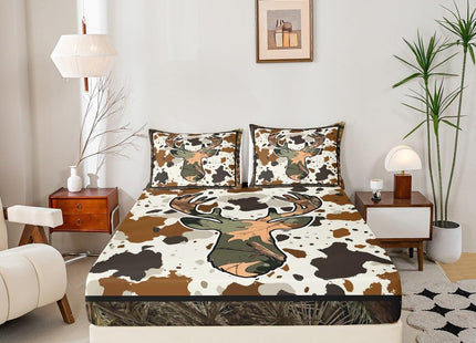 Erosebridal Deer Cow Print Bed Sheets Rustic Trees Branches Leaves Camo Bed Sheet Set Twin Camouflage Hunting Theme Fitted Sheet Rustic Farmhouse Flat Sheet Soft Breathable 1 Pillow Case