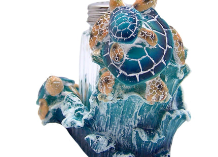 Blue Sea Turtle Salt and Pepper Set Holder, Nautical Décor, Shakers Included, 4 Inches