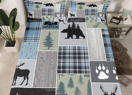 Rustic Patchwork Fitted Sheet, Checkered Buffalo Plaid Bedding Set for Kids Teens Adult, Woodland Wildlife Bear Moose Elk Pine Trees Pattern Printed Bed Sheets Farmhouse Decorations, Twin Size