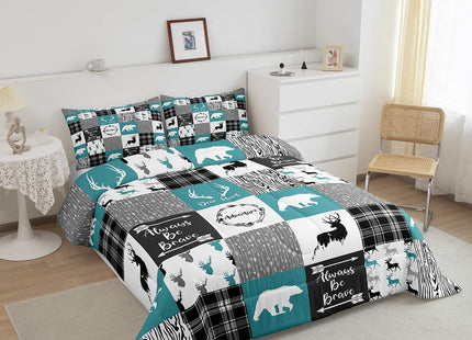 Bear Comforter Set Full Farmhouse Decor,Deer Moose Jungle Wild Animal Western Bedding Set for Girls Boys,Teal Grid Buffalo Checkered Plaid Down Comforter,Tribal Hunting Arrow Cabin Barn Door Quilt