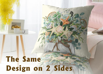 Mweet Eucalyptus Leaves Starfish Pillow Covers 18 x 18 Inches Set of 2,Summer Floral Coastal Seasonal Decoration Cushion Cover Pillowcase for Sofa Couch Indoor Outdoor Home Decor