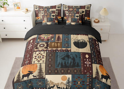 Erosebridal Bohemian Deer 7 Piece Bedding Sets Queen Bear Wildlife Hunting Theme Comforter Set Cabin Decor Buffalo Plaid Grid Bed in a Bag for Teens Retro Boho Xmas Pine Tree Sheets Geometric Quilt