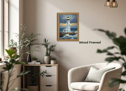 Moarmxiy Blue Ocean Island Lighthouse Wall Art, 24x16inch Wood Framed