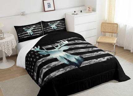 Feelyou Camo Hunting Bedding Set - Twin Size, Forest Smoky Deer Comforter, American Flag Duvet Set with 1 Pillow Case