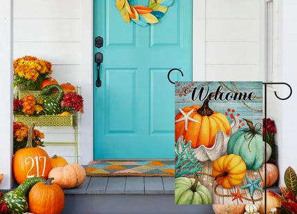 Artofy Welcome Fall Thanksgiving Teal blue Pumpkin Nautical Home Decorative Garden Flag, Autumn Yard Lawn Coastal Ocean Outside Decor, Beach Farmhouse Outdoor Small Burlap Decoration Double Sided