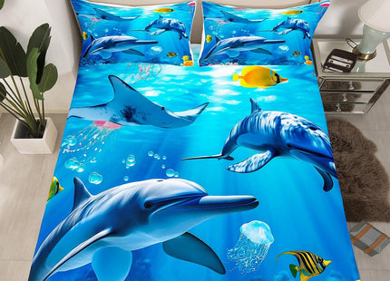 Cute Dolphin Fitted Sheet Twin for Kids Boys Girls,Coastal Animal Bedding Set,Ocean Creatures Under The Sea Bed Sheets,Blue Wave Hawaiian Beach Bed Set