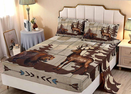 LUVIVIHOME 4PCS Brown Bear Sheets Set, Queen Bed Sheets, Deer Bedding, Moose Elk Woodland Animal Wildlife Hunting Lodge Rustic Cabin Farmhouse Bedding, 1 Fitted Sheet & 1 Flat Sheet with 2 Pillowcases