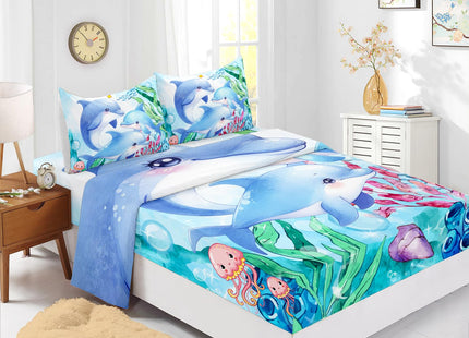 XYNHML Dolphins Animal Aqua Blue Green Sea Sheet Queen 4Pcs Kids Coral Jellyfish Bedding Set for Boys Girls Ocean Waves Bedspread Fish Bed Set with 1 Flat Sheet and 1 Fitted Sheet+2 Pillowcases