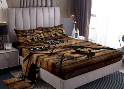 Kids Retro Hunt Fish Bed Sheets Queen Size,Retro Farm Wooden Board Quality Brushed Microfiber Luxury Bedding Set Deer Bird Fish Animal Hunting Bed Sheet Set (1 Flat,1 Fitted Sheet,2 Pillowcases)