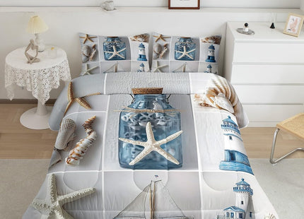 Erosebridal Nautical Comforter Set, Beach Theme Duvet Sets Twin Size, Marine Sail Boat Bedding Set for Kids Boys Girls Teens, Lighthouse Pearl Quilted Duvet for Living Room Decor