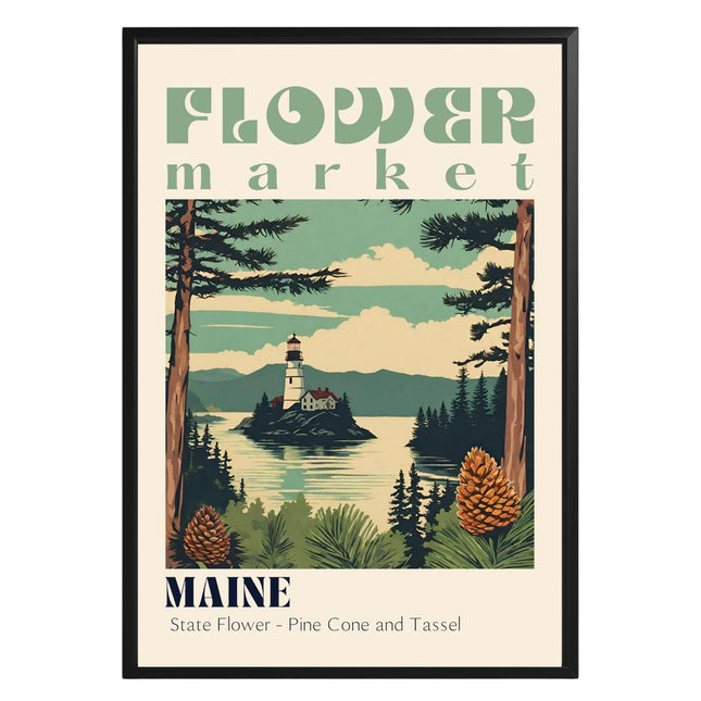 Maine Flower Market Poster Wall Art, Vintage Nature Landscapes Wall Art Prints, Trendy US States Flower Wall Art for Office, Bedroom, Bathroom, Living Room Decor (Unframed)