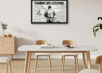 Fishing Wall Art Fishing Life Lessons Framed Wall Decor Motivational Quotes Canvas Pictures Sign Poster Decorations Print Painting Artwork for Man Boy Room Living Room Bedroom 24x16inch