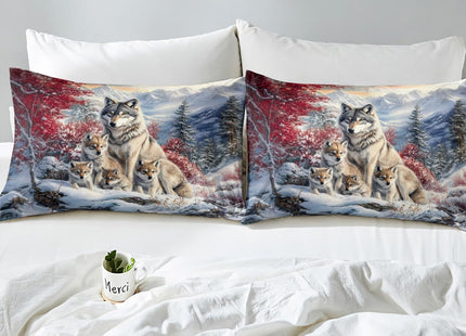 Castle Fairy Wolf Family Bed Sheet Set Twin Size 3Pcs,Animal Wolves Printed Fitted Sheet Set for Kids Boys Teens,Winter Natural Wildlife Bedding Set with 1 Flat & 1 Fitted Sheet with 1 Pillowcase