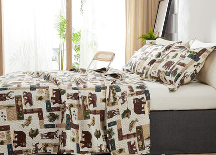 Oliven Rustic Moose Quilt Set King Size Lodge Quilt Lightweight Summer Cabin Bedspread Country Bedding Forest Bear Fish Pine Coverlet Daybed Cover Blanket Woodland Home Decor-Brown White