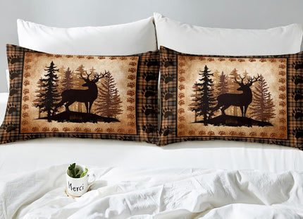 Castle Fairy Deer Bear Plaid Bed Sheet Set Queen Size,Animal Hunting Bear Print Bedding Set for Children Adult,Pine Trees Rustic Retro Grid Sheet Sets with Flat, Fitted Sheet, 2 Pillowcases