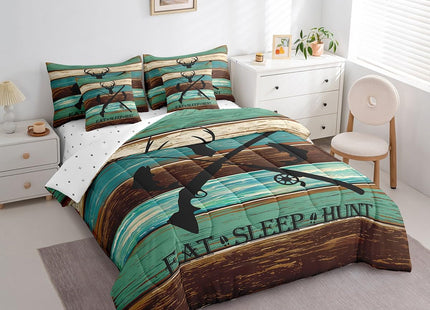 Deer Fish Animal Kids Comforter Set 7 Piece Twin Size,Wildlife Hunting Theme Lodge Decor Reversible Quilt Set,Rustic Farmhouse Wooden Board Barn Bedding Set with Comforter,Sheet,Pillowcase