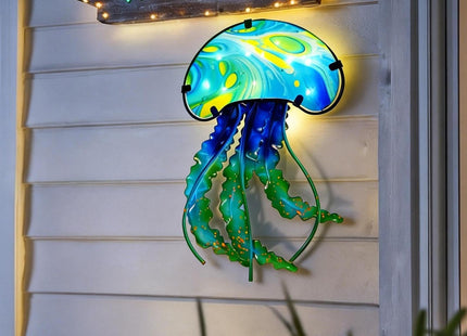 LIFFY Jellyfish Decor Ocean Nautical Beach Wall Decor Fish Wall Art Outdoor Indoor Hanging Jellyfish with LED Fairy Lights for Patio,Garden,Yard,Pool,Beach,Home Gift
