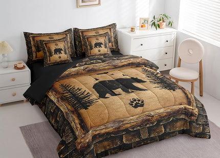Feelyou Kids Rustic Bear 7 Piece Bedding Set Twin Size Farmhouse Forest Animal Black Bear Comforter Set with Sheets Boys Girls Hunting Country Brown Bed in a Bag