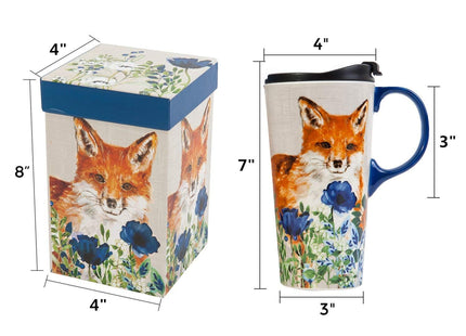 TZSSP 17oz Ceramic Travel Mug with Flip Lid & Handle, Red Fox & Blue Poppy