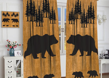 Black Bear Kitchen Window Curtains,Rustic Farm Wildlife Cute Bear Thermal Insulated Blackout Drapes,Vintage Cabin Coniferous Forest Silhouettes Print for Home Living Room Cafe Kids Room 42x54 Inch