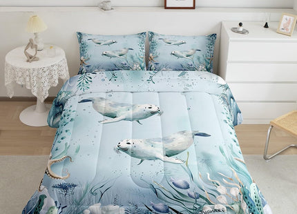 Ursine Seal 7 Piece Comforter Set Full Bed in a Bag,Teal Blue Ocean Beach Coastal Bedding Set Starfish Octopus Tentacles Sheet Sets with Comforter Creature Coral Bed Set,Kawaii Fish Room Decor