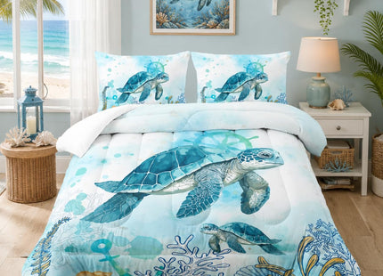 Nttopship Azure Sea Turtle Comforter Set - Twin Size, Ocean Theme Bedding Set for Kids - All Season Comforter and 2 Pillowcases