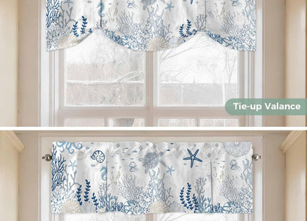 Blue Sea Turtle Tie Up Valance Curtain for Kitchen Living Room Bedroom Bathroom Cafe, Rod Pocket Small Short Window Drape Panel Adjustable Drapary Print, Coastal Ocean Coral Seaweed Jellyfish 54"x18"