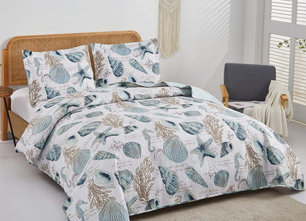 3 Pieces Beach Shell Bedspread Queen Size Ocean Theme Seashell Conch Summer Quilt Lightweight Thin Reversible Conch Shell Hippocampus Starfish Coral Printed Coverlet Set Coastal Bedding-Blue White