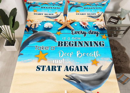Dolphin Fitted Sheet Nautical Sea Bedding Set Full Size,Hawaiian Ocean Beach Theme Bed Sheets for Boys Girls,Underwater World Marine Life Conch Shells Starfish Cute Dolphin Bed Cover
