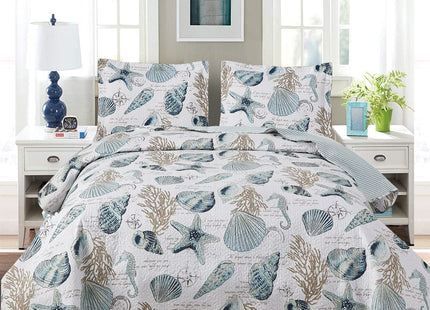 Jarson 3 Pcs Coastal Quilt Set King Size Lightweight Summer Bedspreads Beach Conch Seashell Coverlet Set Ocean Theme Microfiber Reversible Bedding Set (1 Quilt +2 Pillow Shams, Yellow Green)