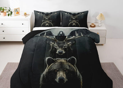 Castle Fairy Wild Animals Comforter Set Full Size,Bear Deer and Eagle Bedding Sets 3Pcs for Kids Boys Teens Adult Room Decor,Wildlife Hunting Quilt Set Dark Pine Tree Print Duvet Insert,2 Pillowcases