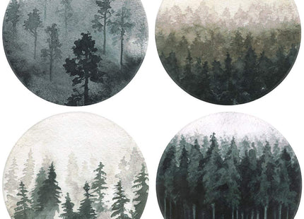 Lahome Forest Pattern Coasters - Round Drinks Absorbent Stone Coaster Set with Ceramic Stone and Cork Base for Kinds of Mugs and Cups (Forest, 4)