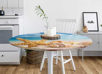 Round Fitted Tablecloth Beach Theme Starfish Circle Table Cover with Elastic Waterproof Wipeable Polyester Small Outdoor Table Cloths for Kitchen Picnic Party Patio Dining Decor Fit for 40"-44" Tables