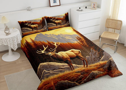 Deer Hunting Quilt Queen,Anlter Hunter Bedding Set for Adults Men Boys Home Room Decor,Western Mountian Woodland Tree Duvet Insert Retro Rustic Country Cabin Lodge Comforter Set with 2 Pillowcases