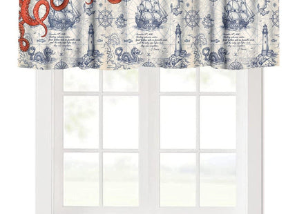 SHElifestyle Nautical Red Octopus Window Valance Curtain, Ocean Anchors Lighthouse Beach Vintage Coastal Map Pirate Ship Window Treatments Valance for Bedroom Living Room Kitchen 54x18inch