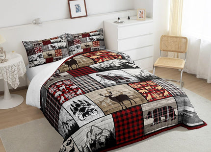 Feelyou Plaid Deer Elk Bear Wolf Comforter Set for Girls Boys Rustic Cabin Farm Forest Camping Hunting Comforter Farm Forest Bedding Set Farmhouse Lodge Duvet Set Full Size Quilt Set