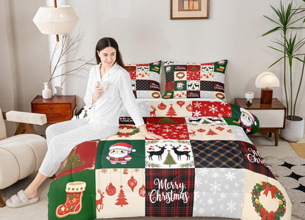 Homewish Merry Christmas Comforter Set Twin Size,Xmas Deer Santa Claus Pine Tree Bedding Set for Kids Girls Boys Red Green Grid Patchwork Plaid Quilt Set Winter Snowflake Duvet Insert,1 Pillowcase