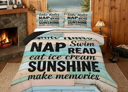 Erosebridal Lake House Queen Comforter Set for Boys, Retro Wood Grain Bedding Rustic Farmhouse Quilted Duvet for Kids Girls Boys Teens Adult Bedroom Decor, Wooden Door Fences Quilt, Lake Lovers Gifts
