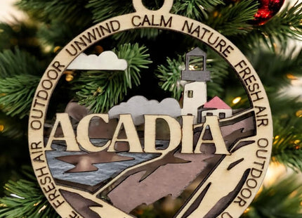 Acadia National Park Lighthouse - 3" Round Wood Christmas Ornament, Handmade in USA, 2-Layer Laser Cut with Color Artwork