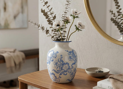 Wancetang Blue and White Chinoiserie Vase for Home Decor- 7 Inch Ceramic Floral Vase for Pampas Grass, Night Stand, Coastal, Kitchen Island, Dining Table Decor