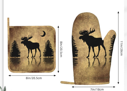 MIFSOIAVV Rustic Elk Moose Deer Forest Pine Tree Moon Design Oven Mitts and Pot Holders Sets Silicone Moose Kitchen Mitts Potholders Heat Resistant 4Pcs Moose Oven Gloves Hot Pads for Kitchen