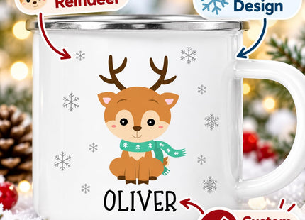 Andaz Press Kids Personalized Cute Snowflake Christmas Animals 11oz. Stainless Steel Campfire Hot Chocolate Mug, Baby Reindeer Custom Name 1-Pack, For Children, Christmas Ideas Xmas Campfire Mugs