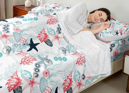 Ocean Beach Sheet Set Full Size,Seashell Conch Seahorse Starfish Coral Bed Sheet Sea Coastal Bedding Set for Kids Boys Girls Woman Room Decor Pink Blue White Fitted + Flat Sheet,2 Pillowcases