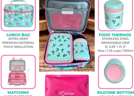 kinsho Bento Lunch Box Set with Thermo Bag & Ice Pack Pink Aqua Cat Mermaid